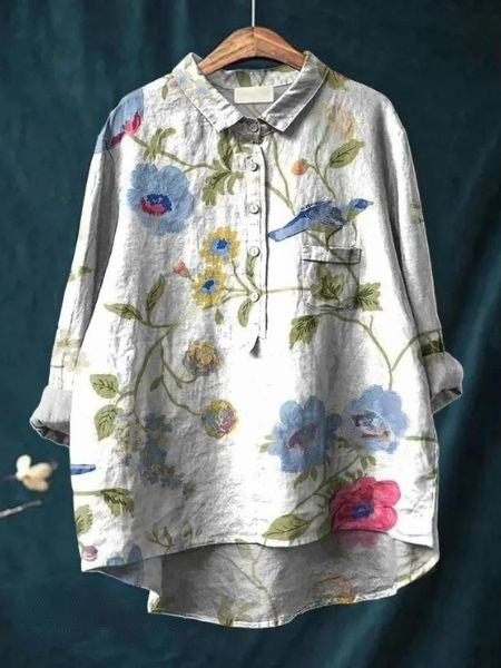 Bloemenprint damesblouse, lange mouwen, knoopsluiting. Modieuze en veelzijdige top voor vrouwen.