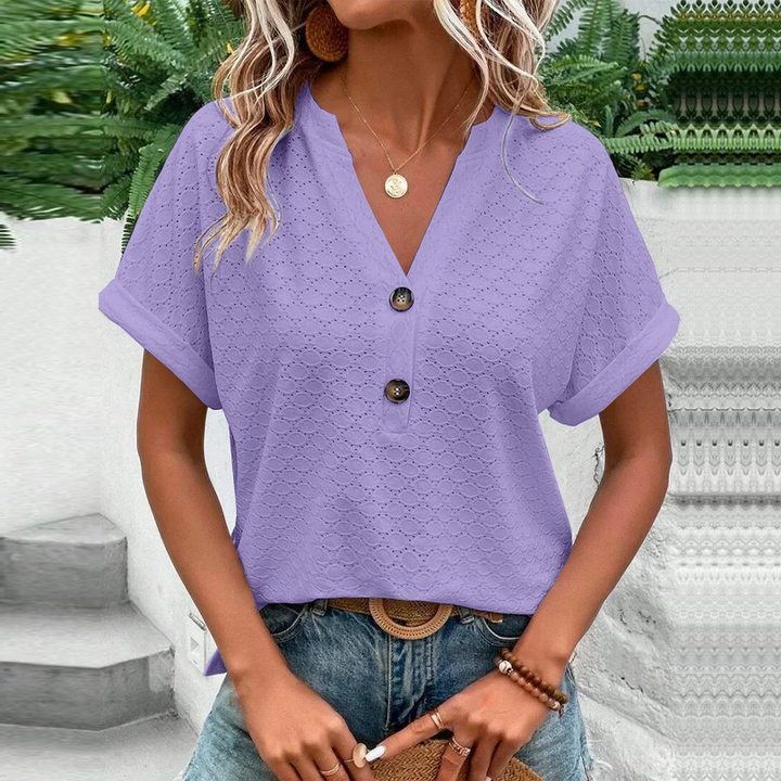 Veelzijdige damesblouse met V-hals, knoopsluiting en korte mouwen, casual elegante zomerkleding.