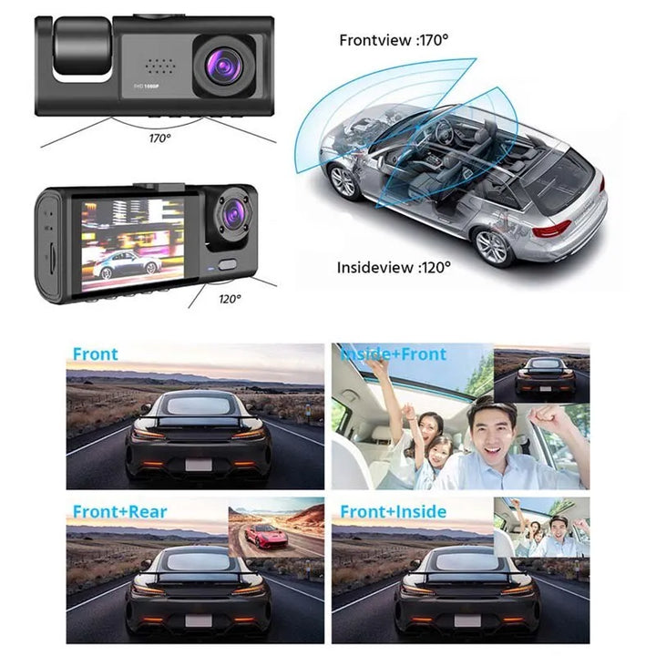 Full HD dashcam met groothoeklens en infrarood voor duidelijke beelden, dag en nacht.