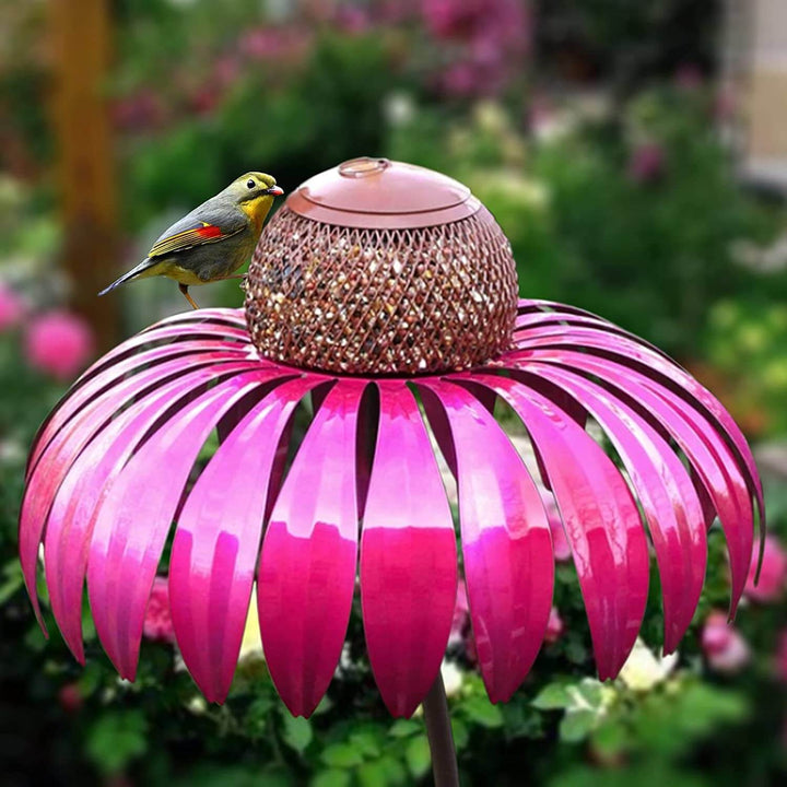 Decoratief vogelvoederhuisje 'Bloem' voor de tuin. Sierlijk metaal, perfect voor vogelvoer en buitenleven.