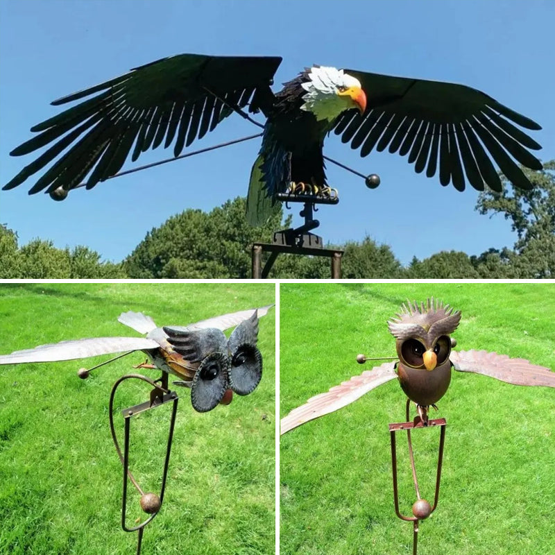 Decoratieve tuinkunst vogel windmolen, geïnspireerd op adelaar en uil, gemaakt van metaal voor terras of tuin.