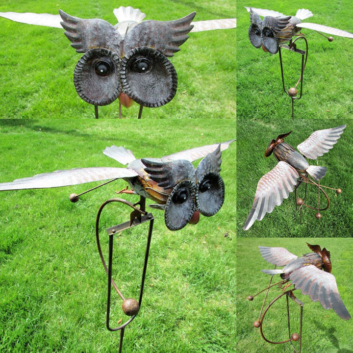 Decoratieve tuinkunst vogel windmolen, geïnspireerd op adelaar en uil, gemaakt van metaal voor terras of tuin.