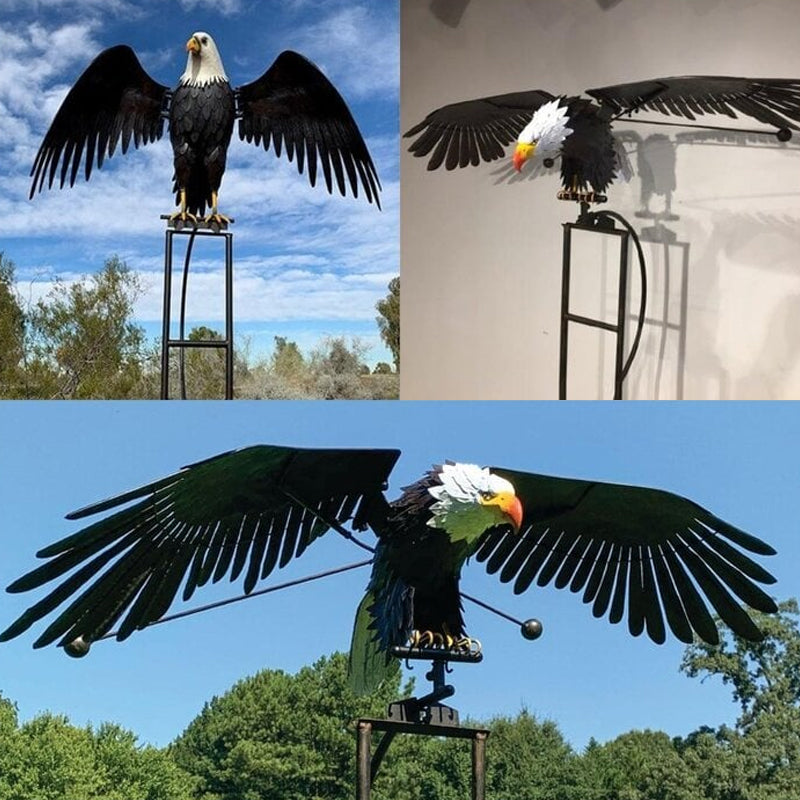 Decoratieve tuinkunst vogel windmolen, geïnspireerd op adelaar en uil, gemaakt van metaal voor terras of tuin.