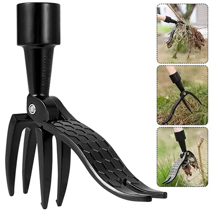 Detail onkruidverwijderaar in actie, trekt moeiteloos onkruid met wortel uit de tuin. Essentieel tuingereedschap.