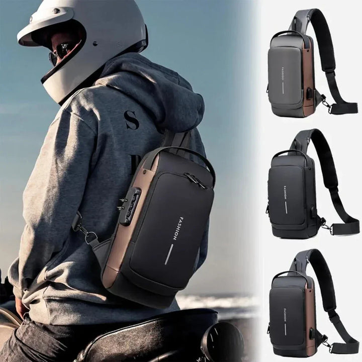 Diefstalveilige USB-rugzak van waterbestendig materiaal, zwart, ergonomisch, vooraanzicht, modern design.