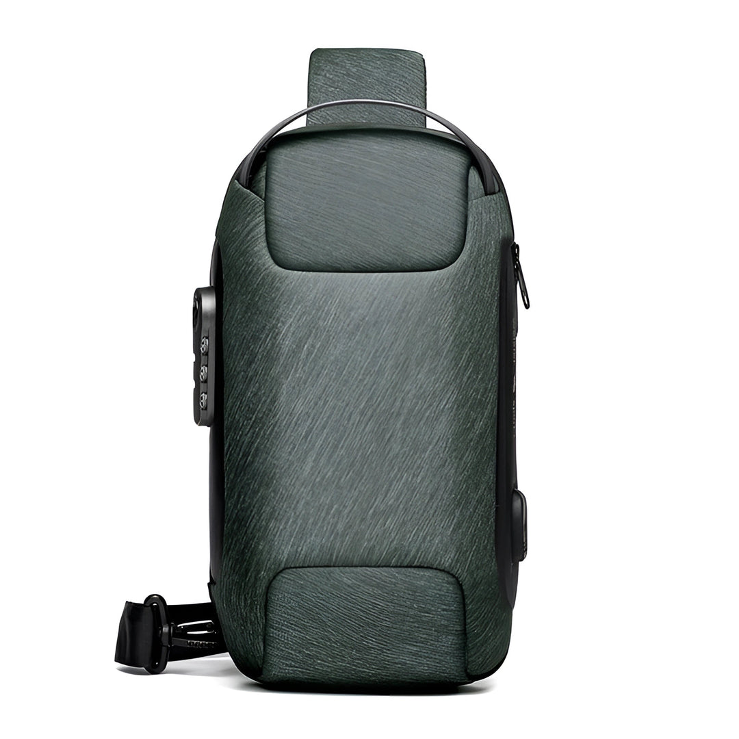 Diefstalveilige USB-rugzak van waterbestendig materiaal, zwart, ergonomisch, vooraanzicht, modern design.