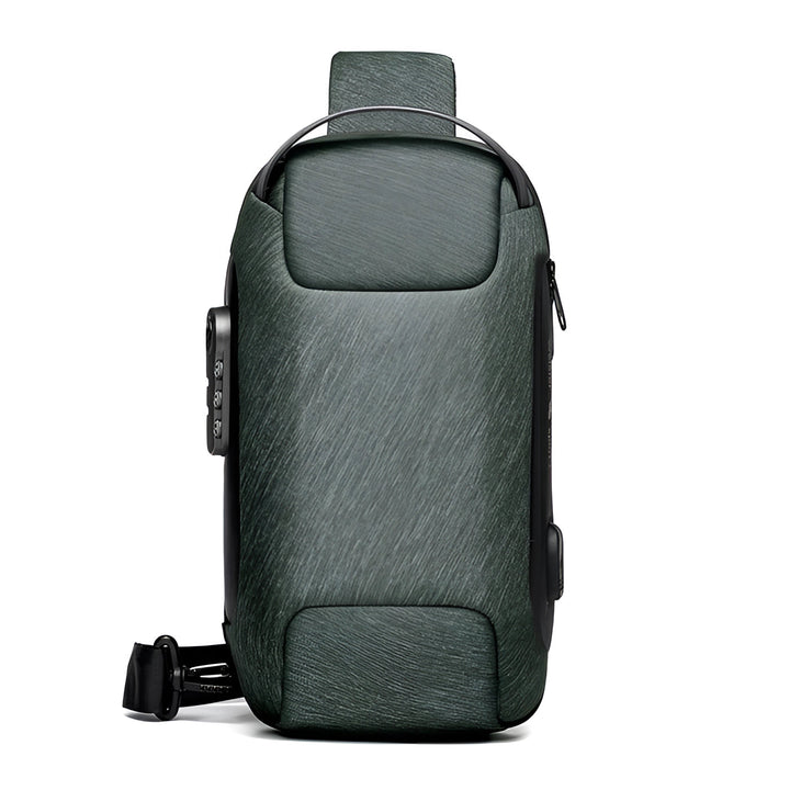 Diefstalveilige USB-rugzak van waterbestendig materiaal, zwart, ergonomisch, vooraanzicht, modern design.