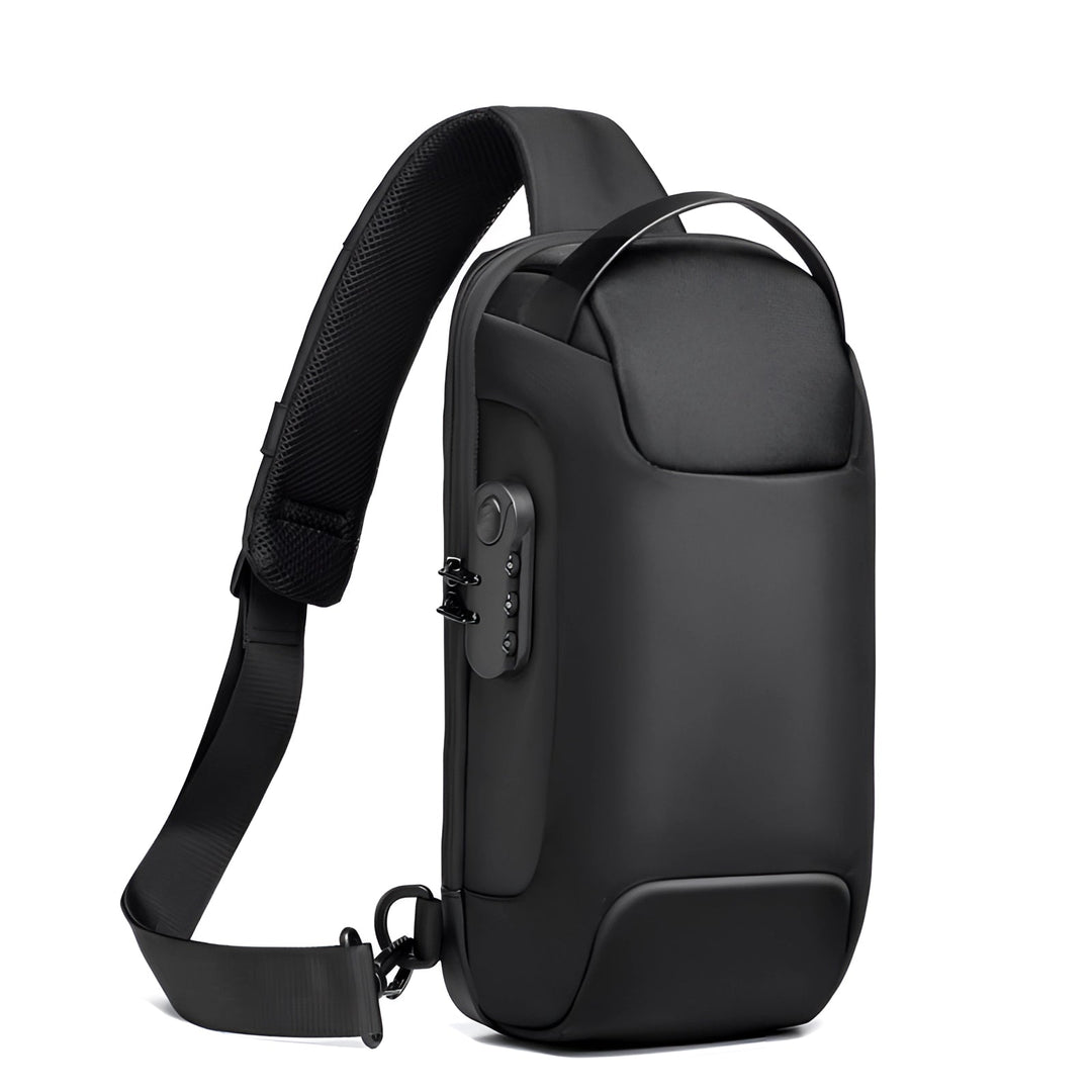 Diefstalveilige USB-rugzak van waterbestendig materiaal, zwart, ergonomisch, vooraanzicht, modern design.