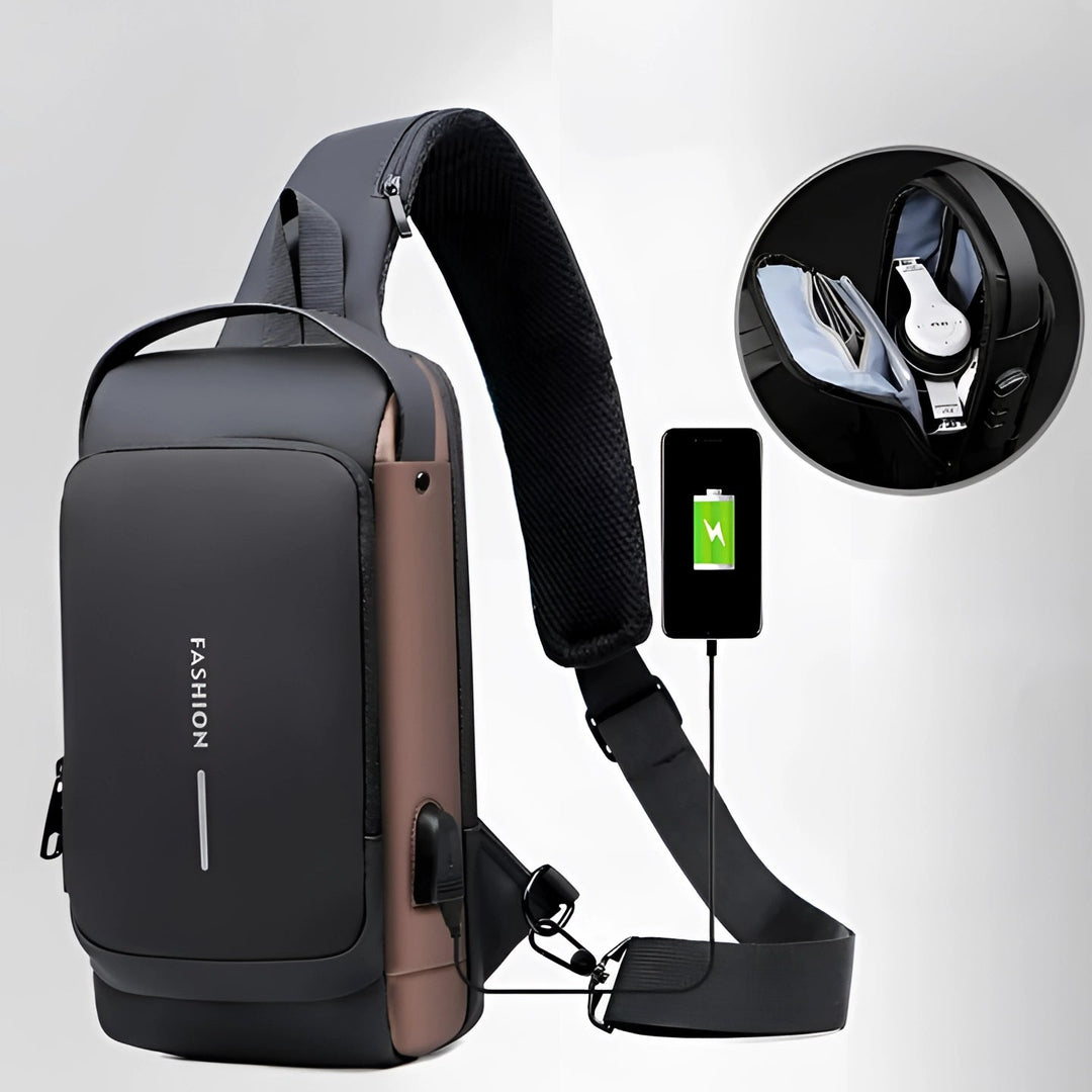 Diefstalveilige USB-rugzak van waterbestendig materiaal, zwart, ergonomisch, vooraanzicht, modern design.