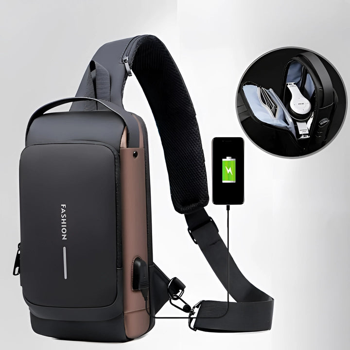 Diefstalveilige USB-rugzak van waterbestendig materiaal, zwart, ergonomisch, vooraanzicht, modern design.
