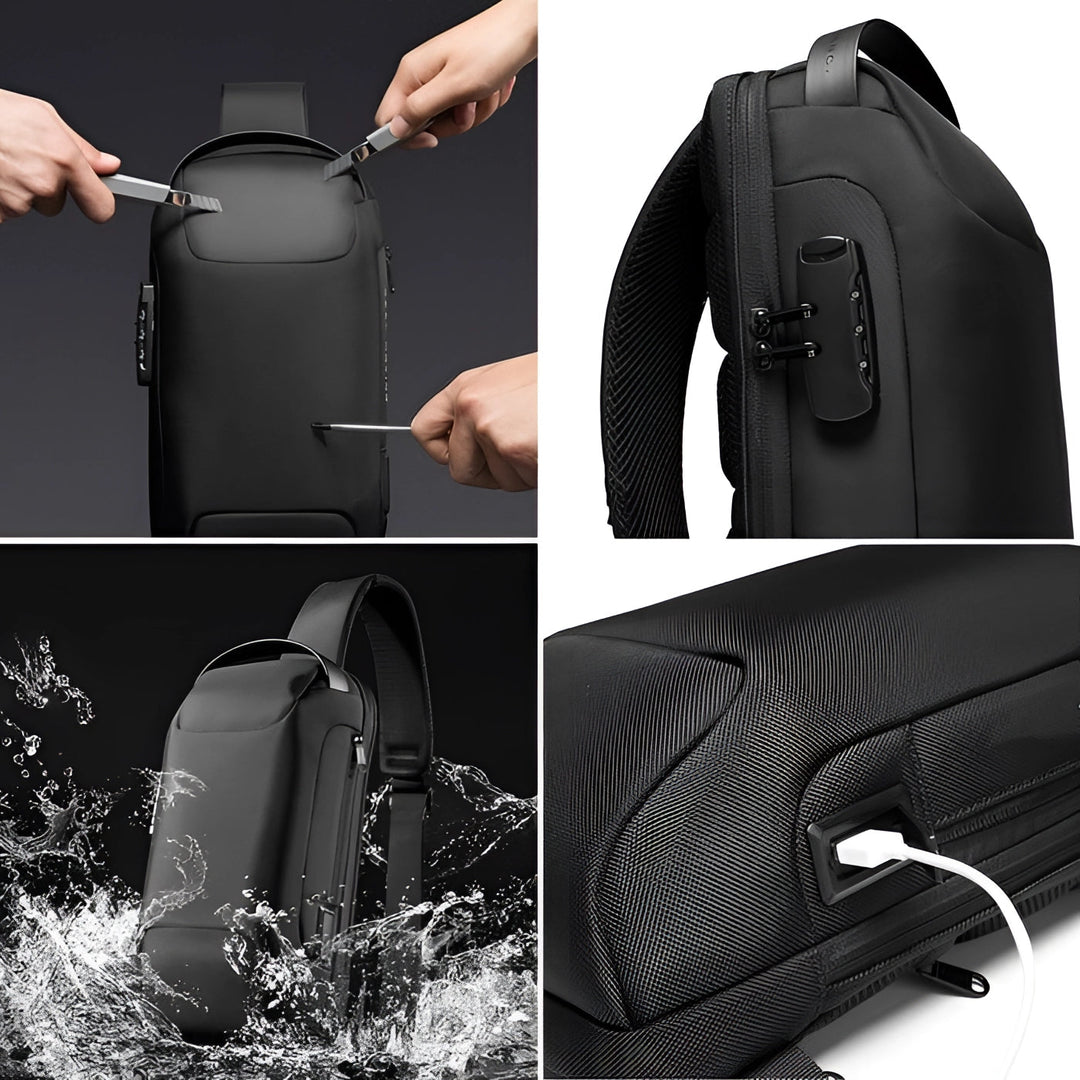 Diefstalveilige USB-rugzak van waterbestendig materiaal, zwart, ergonomisch, vooraanzicht, modern design.