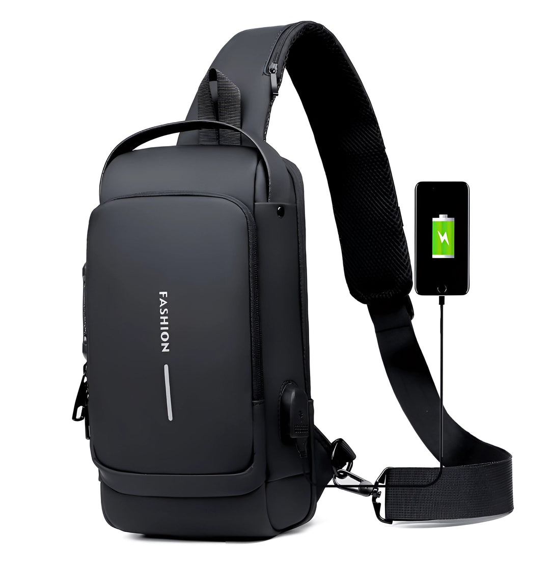 Diefstalveilige USB-rugzak van waterbestendig materiaal, zwart, ergonomisch, vooraanzicht, modern design.
