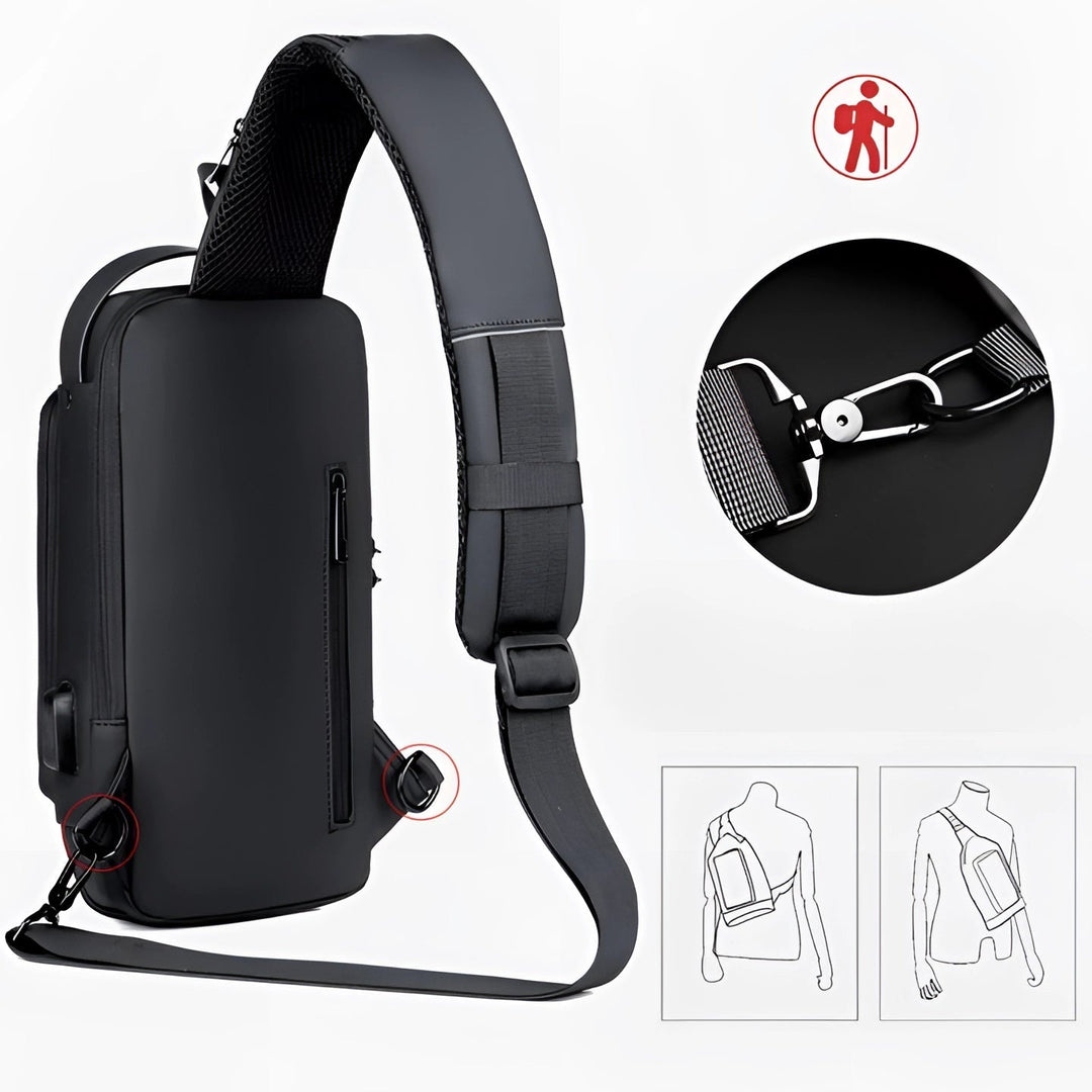 Diefstalveilige USB-rugzak van waterbestendig materiaal, zwart, ergonomisch, vooraanzicht, modern design.