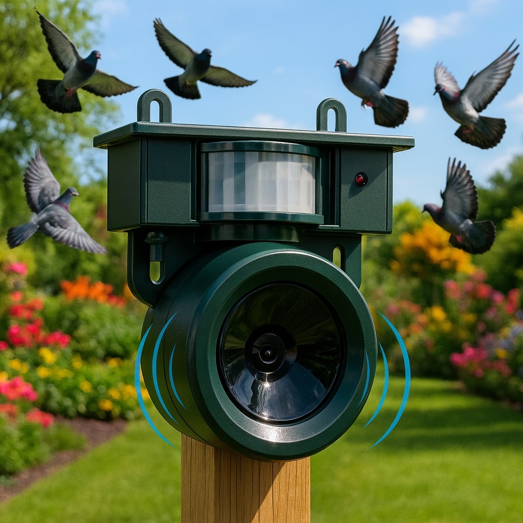 Diervriendelijke vogelafschrikker op zonne-energie, ideaal voor balkon, terras en tuin. Effectieve duivenwering.