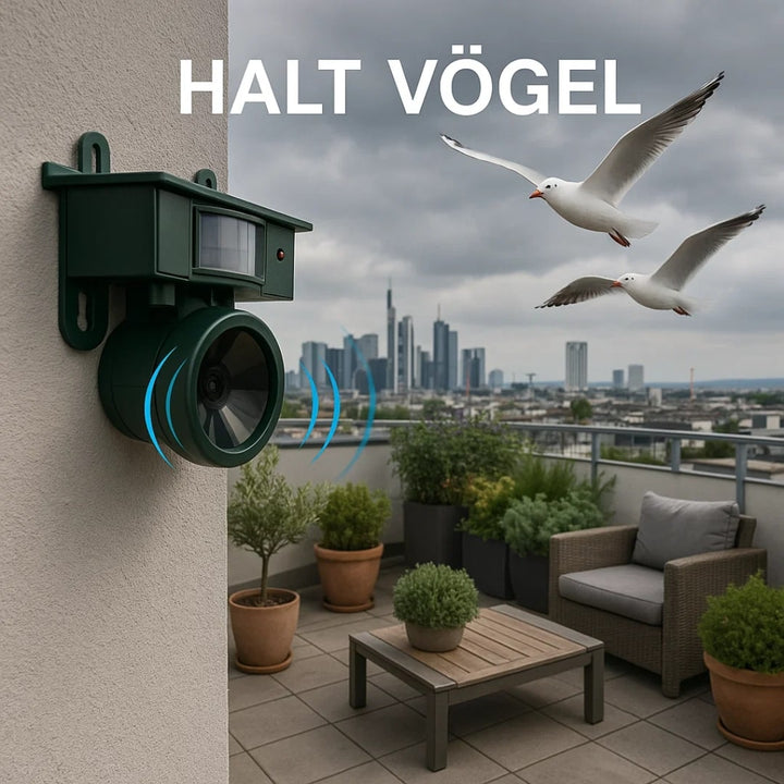 Compacte vogelafschrikker op zonne-energie. Ideale vogelwering voor kleine balkons en stadstuinen.