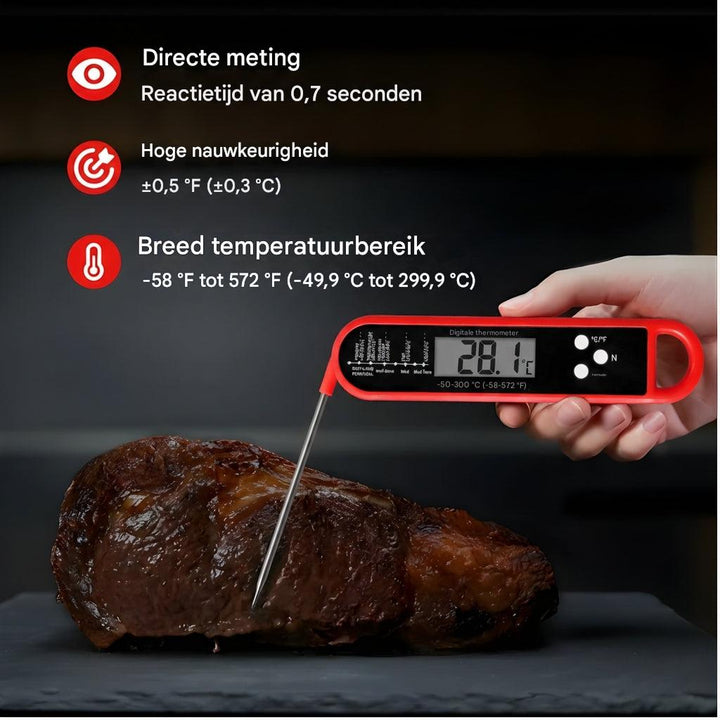 Precisie digitale vleesthermometer voor perfect garen van vlees. Onmisbaar voor elke keuken en BBQ-chef.