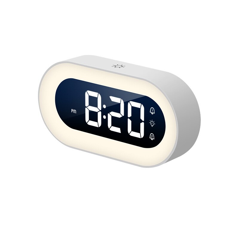 Compacte digitale wekker met ingebouwd nachtlampje, diverse geluiden en duidelijke tijdsaanduiding.