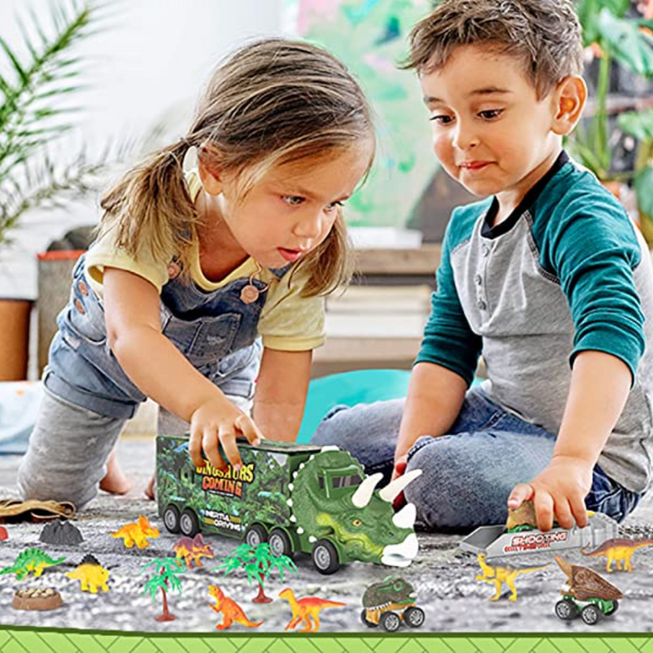 Dinosaurus speelgoed vrachtwagen met mini-dino's, groen Triceratops-ontwerp, ideaal voor kinderavonturen en georganiseerde opslag