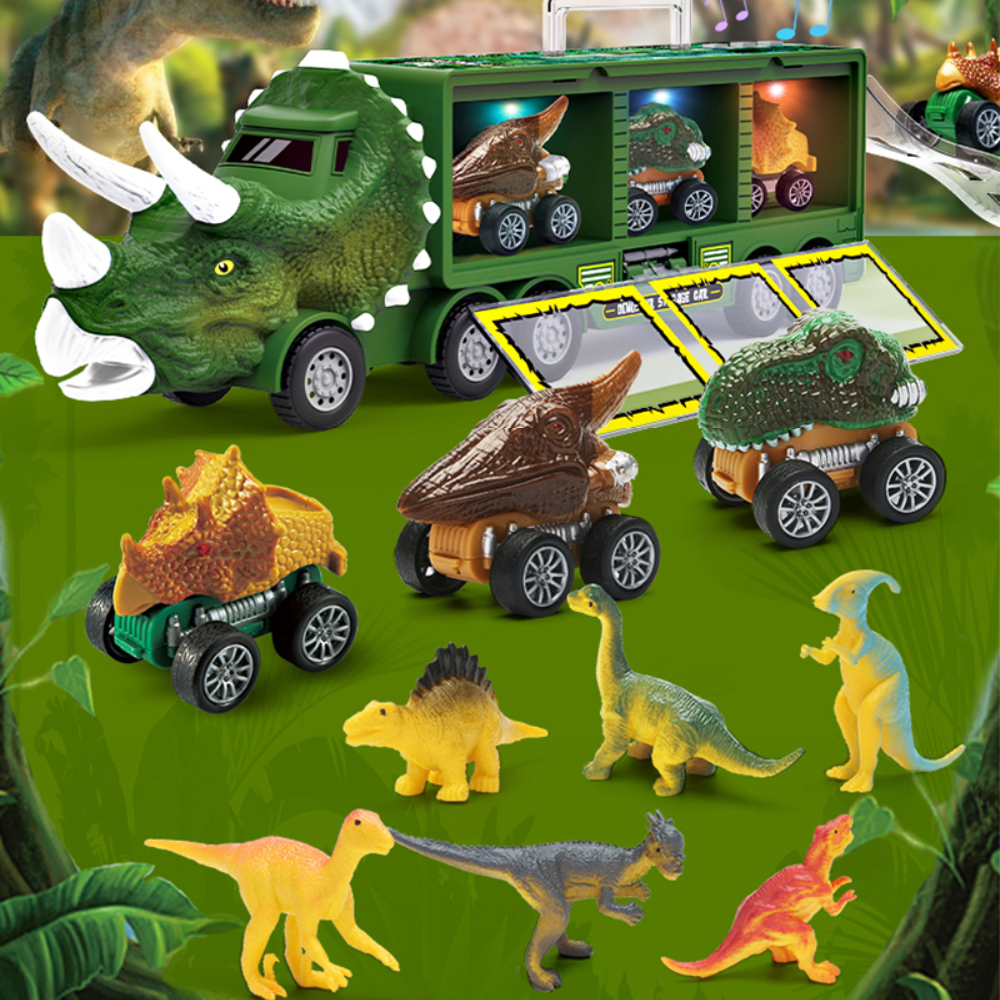 Dinosaurus speelgoed vrachtwagen met mini-dino's, groen Triceratops-ontwerp, ideaal voor kinderavonturen en georganiseerde opslag
