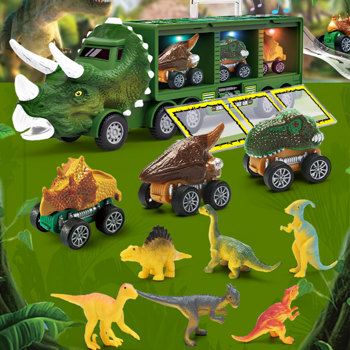 Dinosaurus speelgoed vrachtwagen met mini-dino's, groen Triceratops-ontwerp, ideaal voor kinderavonturen en georganiseerde opslag