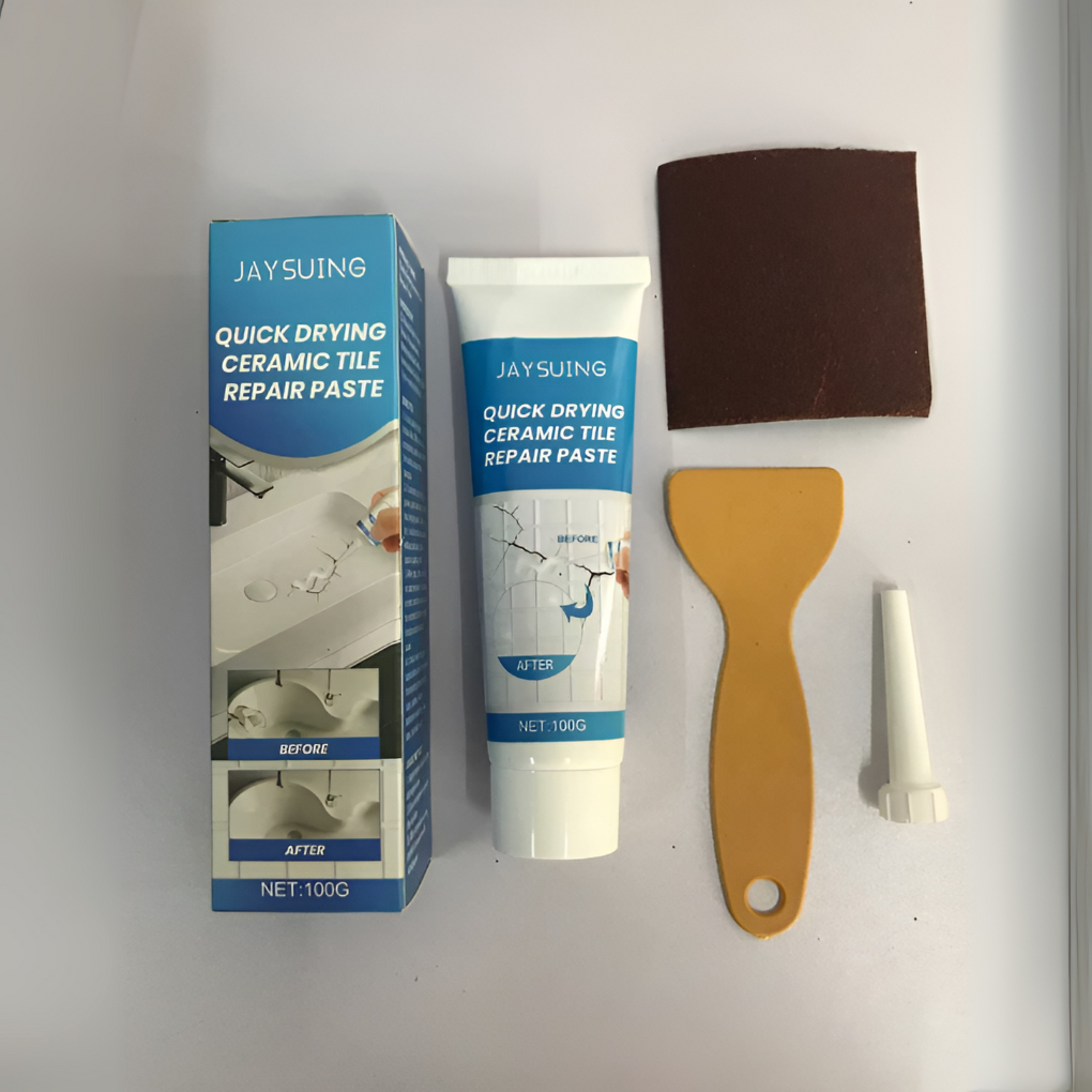 Doe-het-zelf tegelreparatiepasta voor snel herstel van krassen en scheuren op keramische, porseleinen & marmeren tegels.