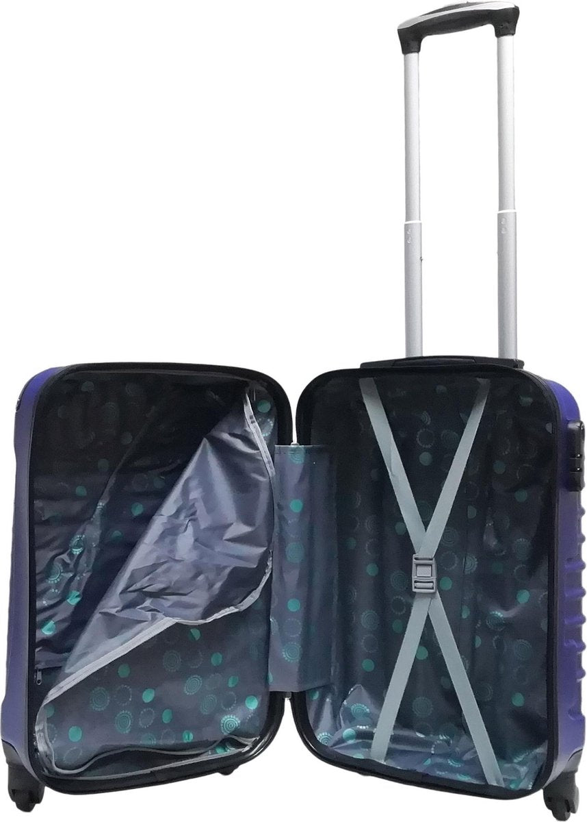 Complete donkerblauwe hardcase kofferset voor zakenreis of vakantie, stevige bagage.