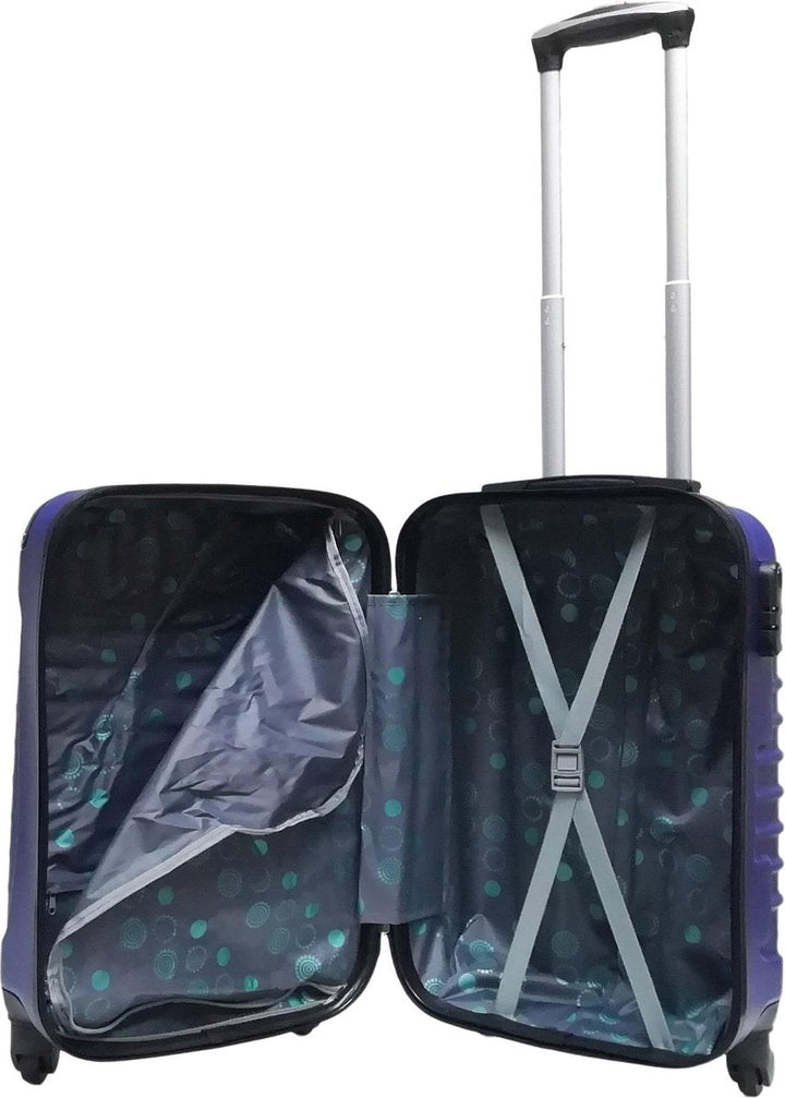 Complete donkerblauwe hardcase kofferset voor zakenreis of vakantie, stevige bagage.