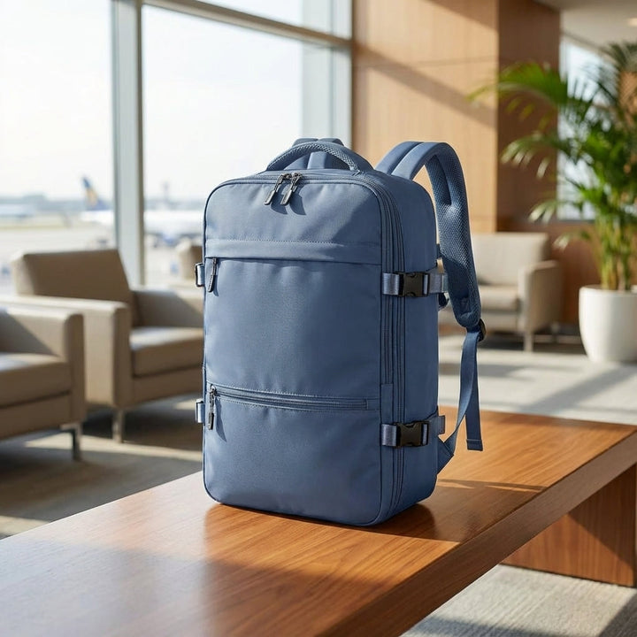 Donkerblauwe waterbestendige reisrugzak SkyGuardBag, ideaal als handbagage voor slim reizen.