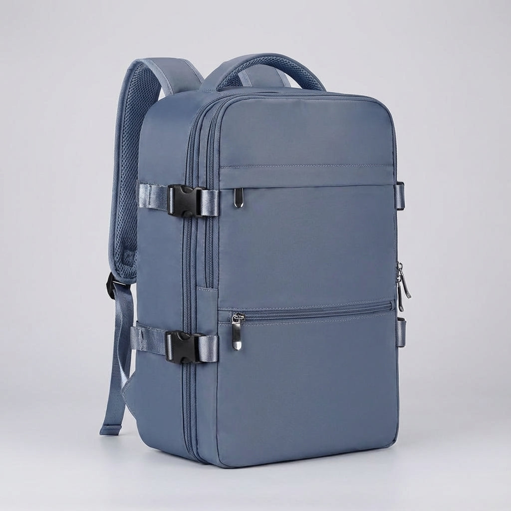 Robuuste reisrugzak SkyGuardBag in donkerblauw, waterbestendig, met laptopvak en antidiefstal.