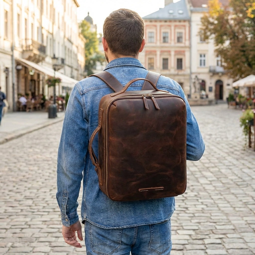 Donkerbruine unisex Crazy Horse leren rugzak Lockfield met anti-diefstal vak, ideaal voor werk of reizen.