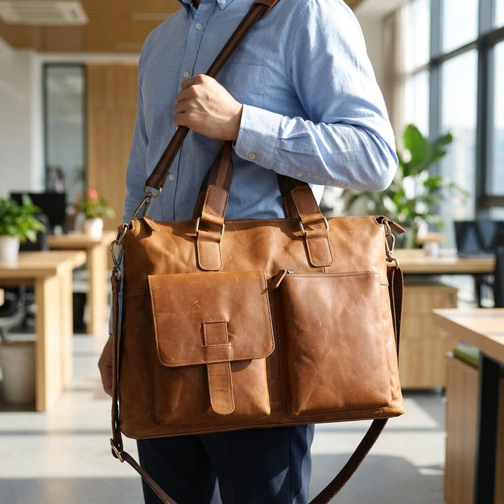 Donkerbruine vintage zakelijke laptoptas van VintagePack, perfect als unisex aktetas of werktas.