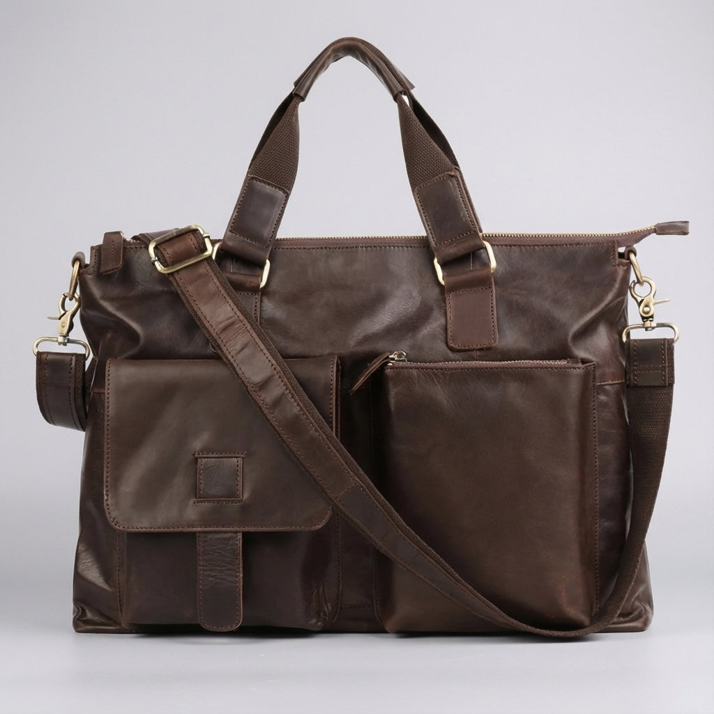 Unisex bruine vintage aktetas/laptoptas. Een professionele werktas en schoudertas voor kantoor en zakenreizen.