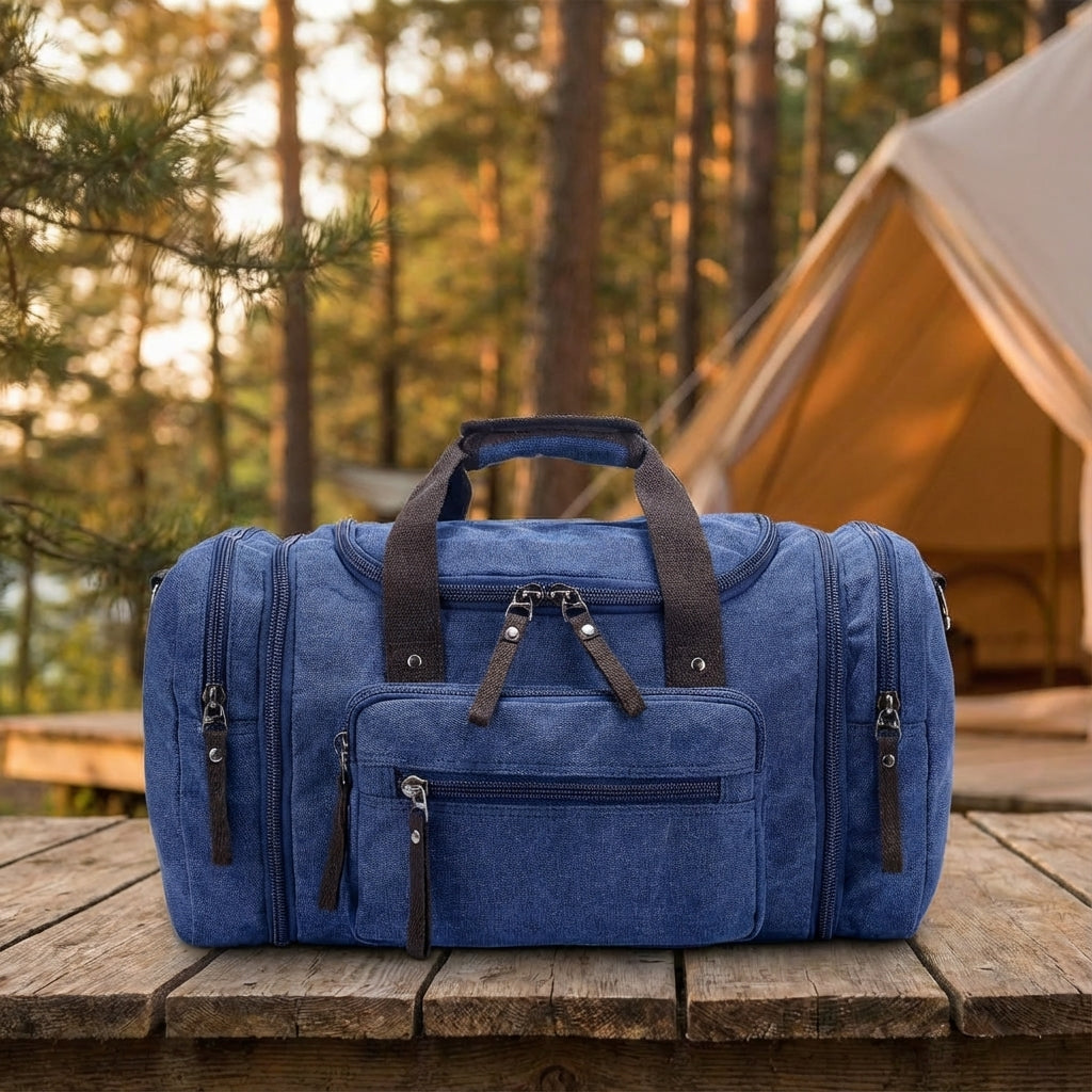 Donkere canvas weekendtas WeekenderPro, uitbreidbaar 40-50L. Ideaal voor reizen en sport.