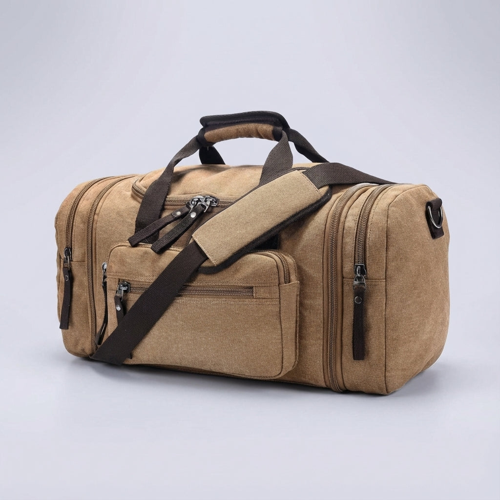 Gedetailleerde weergave van de textuur en kwaliteit van de WeekenderPro uitbreidbare canvas weekendtas.