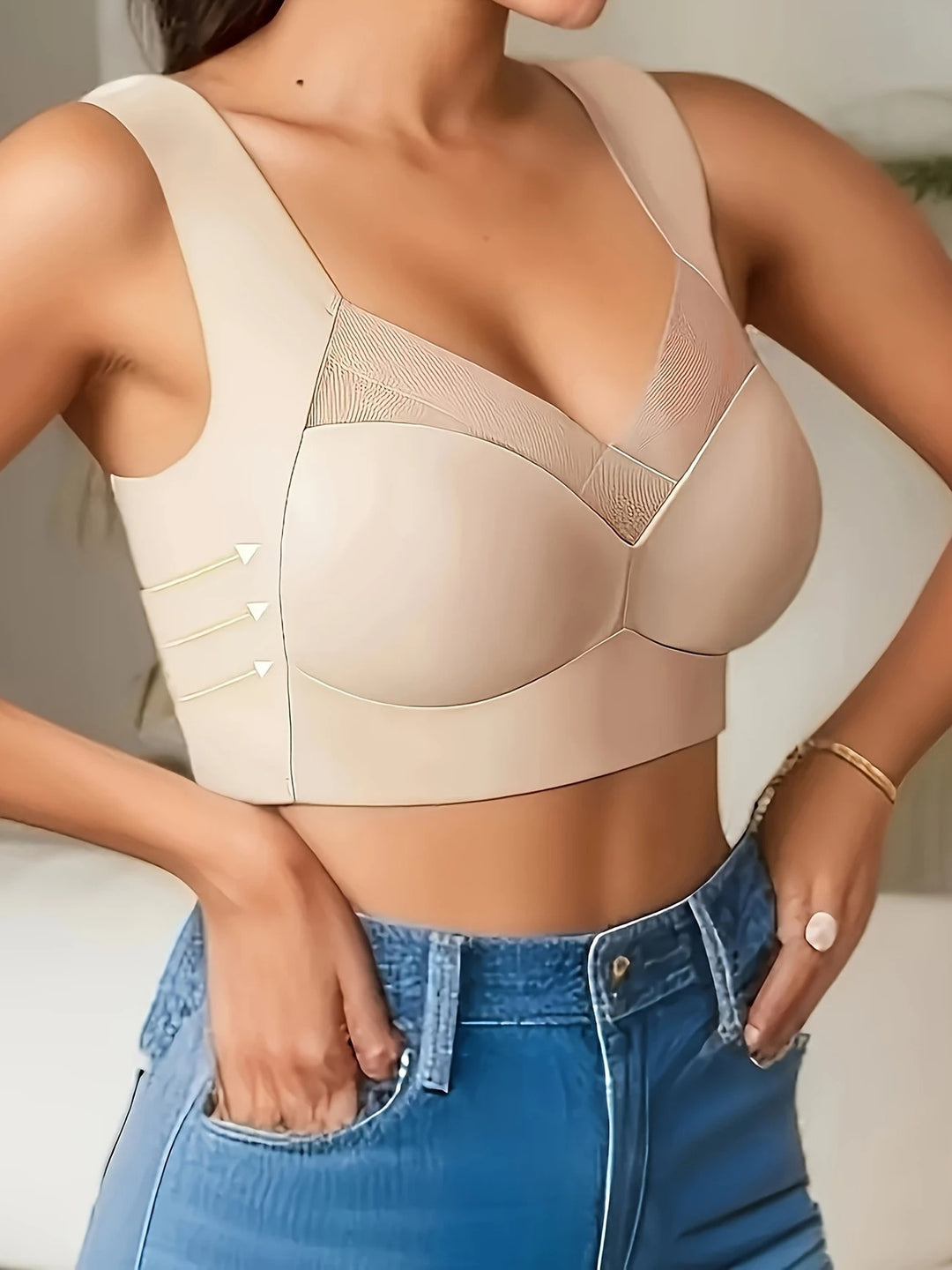 Beugelloze comfort BH in beige, ergonomisch, naadloos, ademend, perfecte pasvorm voor ondersteuning en houding