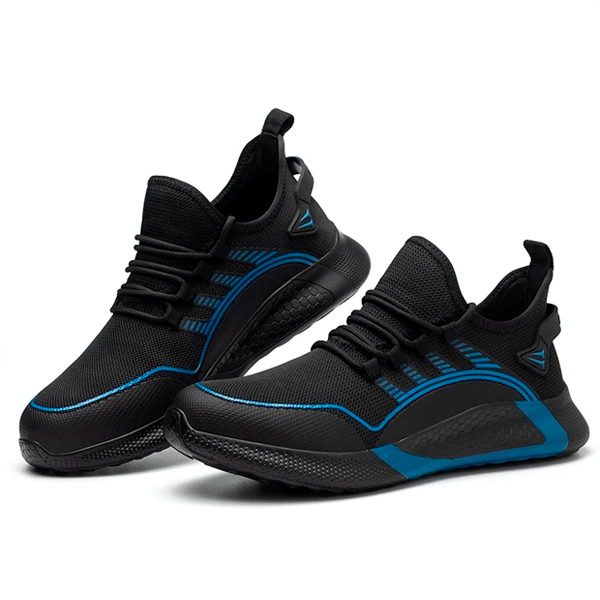 Zwarte ademende lichte veiligheidsschoen, close-up van de zool