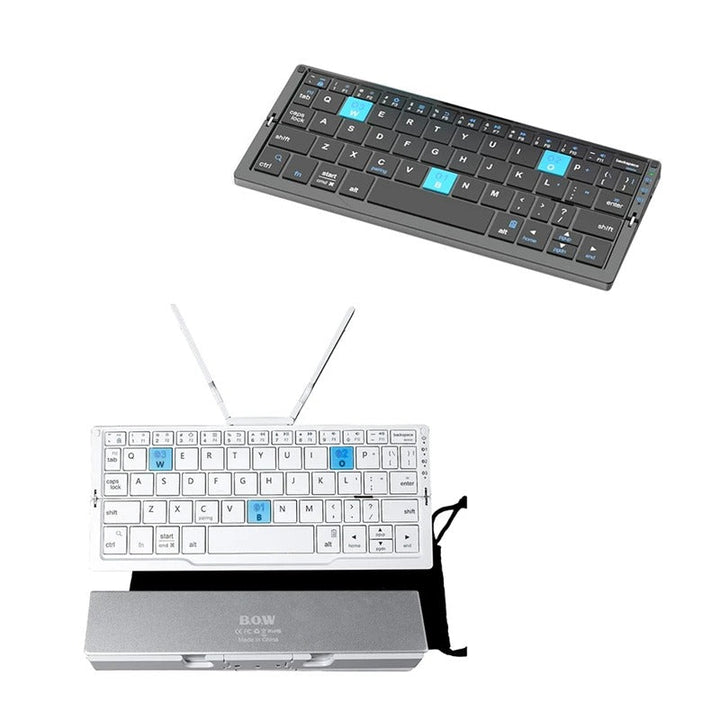Uitgevouwen draadloos toetsenbord met Bluetooth, slank design, klaar voor gebruik op bureau; opvouwbaar en mobiel.