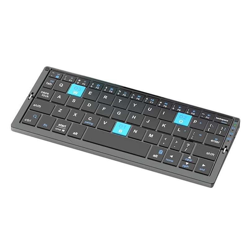 Opgevouwen draadloos toetsenbord, ultracompact en licht, perfect als reisaccessoire voor tablet en smartphone gebruikers.