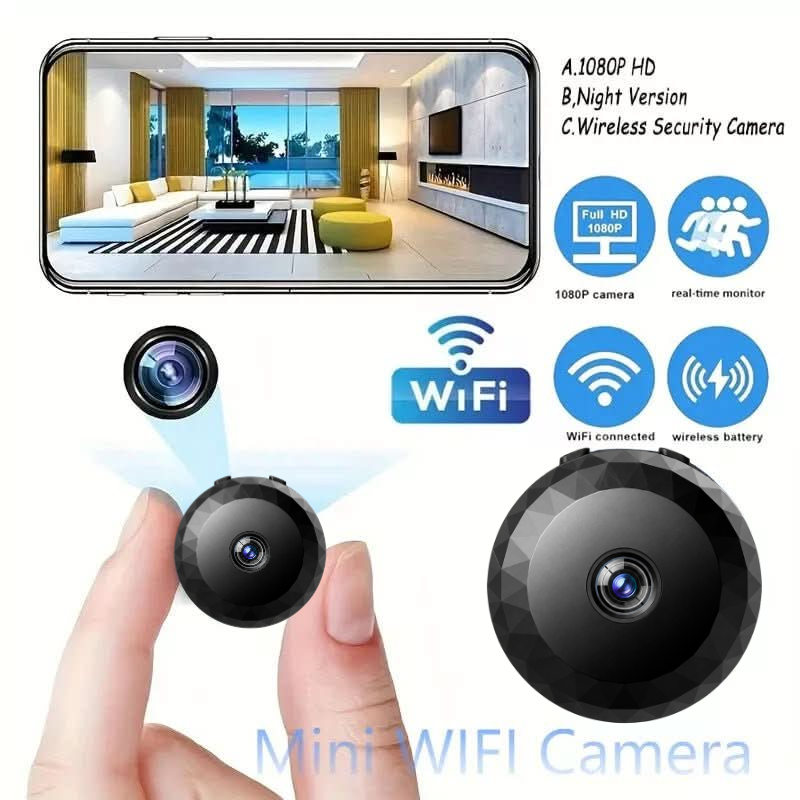 Draadloze 1080P HD mini beveiligingscamera met nachtzicht en bewegingsdetectie voor discrete huisbeveiliging.