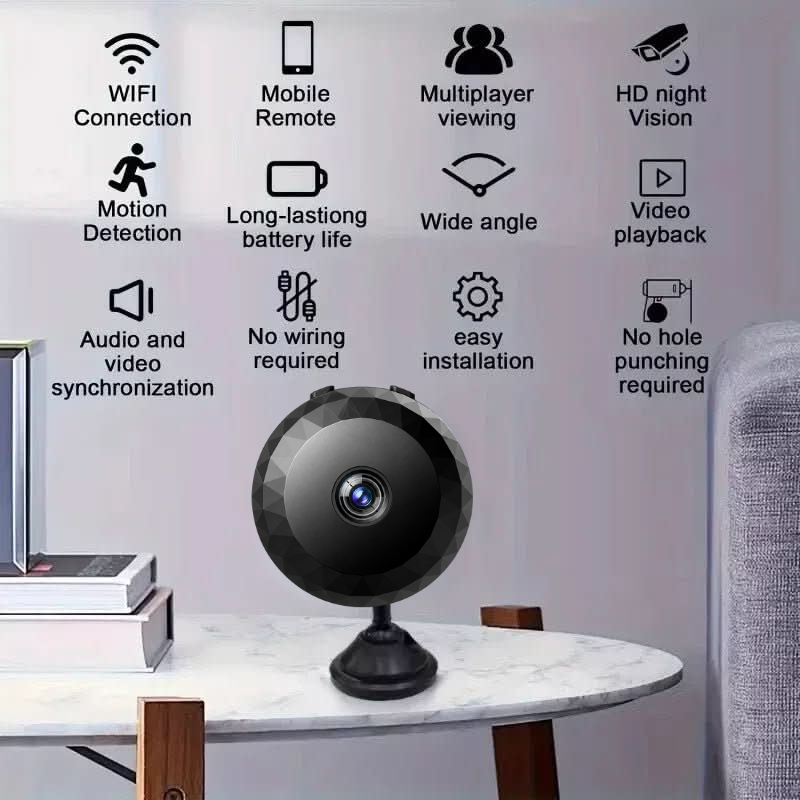 Draadloze 1080P mini beveiligingscamera met wifi, bewegingsdetectie en nachtzicht voor discrete huisbewaking.