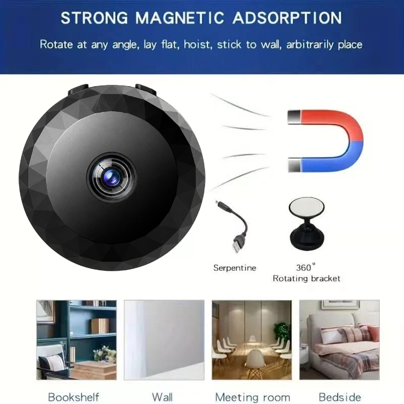Magnetische draadloze mini beveiligingscamera 1080P HD met nachtzicht; discreet en gemakkelijk te plaatsen.