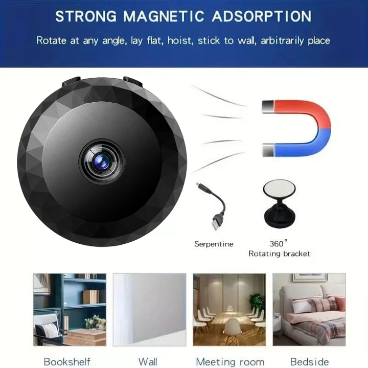 Magnetische draadloze mini beveiligingscamera 1080P HD met nachtzicht; discreet en gemakkelijk te plaatsen.