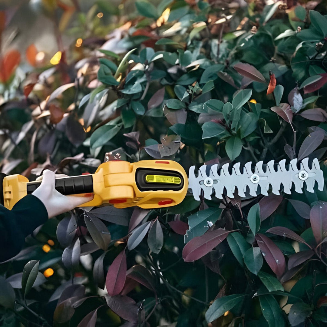 Draadloze 2-in-1 heggenschaar en snoeier voor moeiteloos tuinonderhoud. Compact elektrisch tuingereedschap.