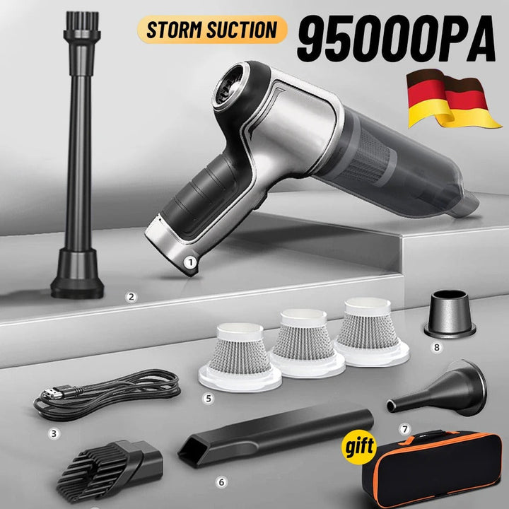 Ergonomische mini stofzuiger, stil en krachtig (95000PA), ideaal voor snelle en efficiënte autoreiniging.