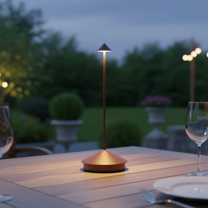 Draadloze LED tafellamp ModernLumin; moderne design sfeerlamp voor binnen & buiten, dimbaar en oplaadbaar.