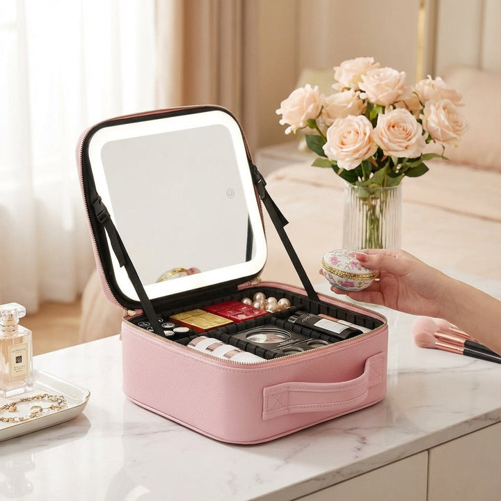 Draagbaar make-up station met heldere LED spiegel voor vrouwen. Ideaal reisvriendelijk cosmetica organizer.