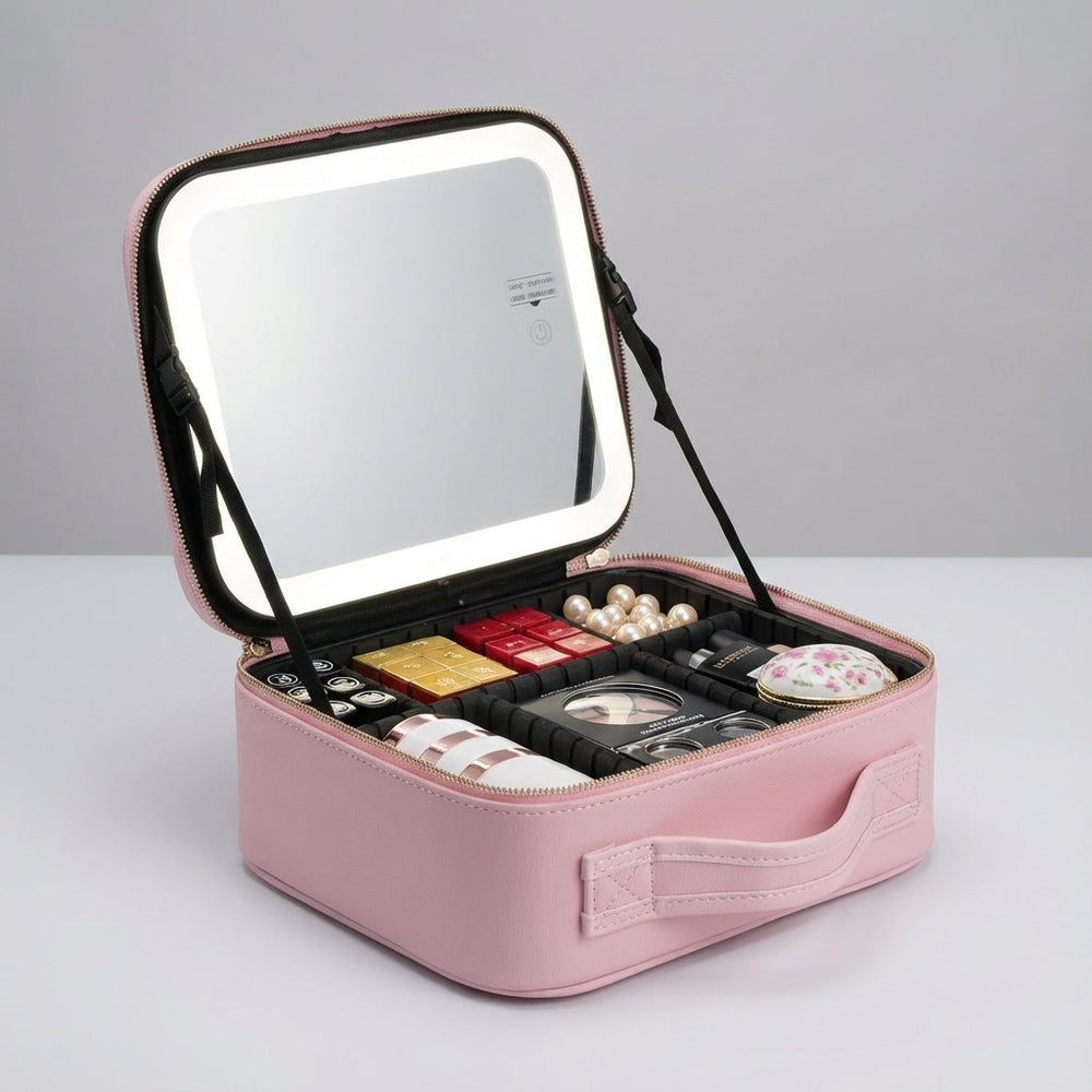 Compact Brightique make-up station met ingebouwde LED verlichting spiegel. Perfect voor reizen en beauty opslag.