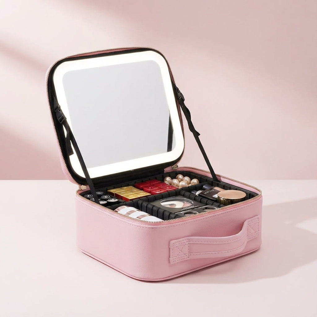 Essentieel reis make-up station met LED spiegel en opbergvakken. Hou je beauty producten georganiseerd.