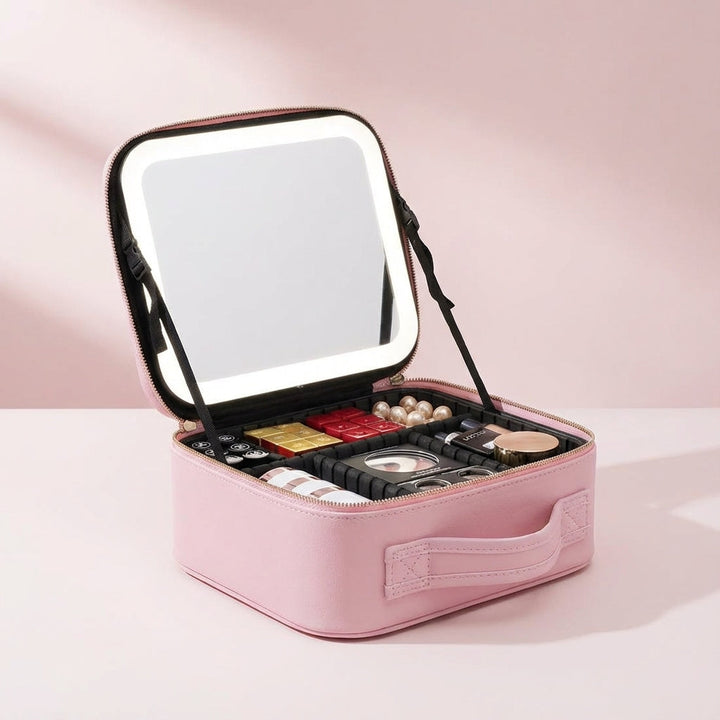 Essentieel reis make-up station met LED spiegel en opbergvakken. Hou je beauty producten georganiseerd.