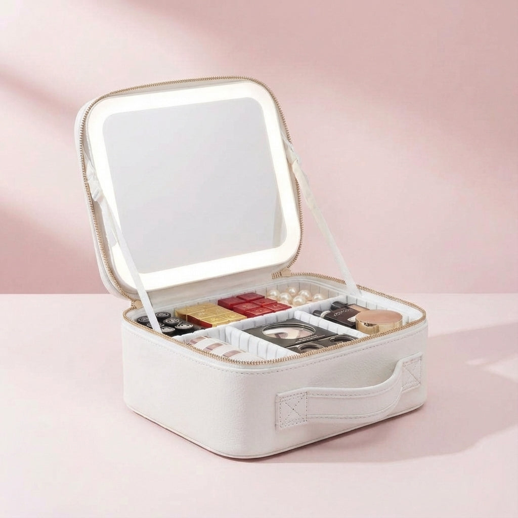 Veelzijdige beauty organizer met ingebouwde LED spiegel, perfect voor make-up liefhebbers thuis en op reis.